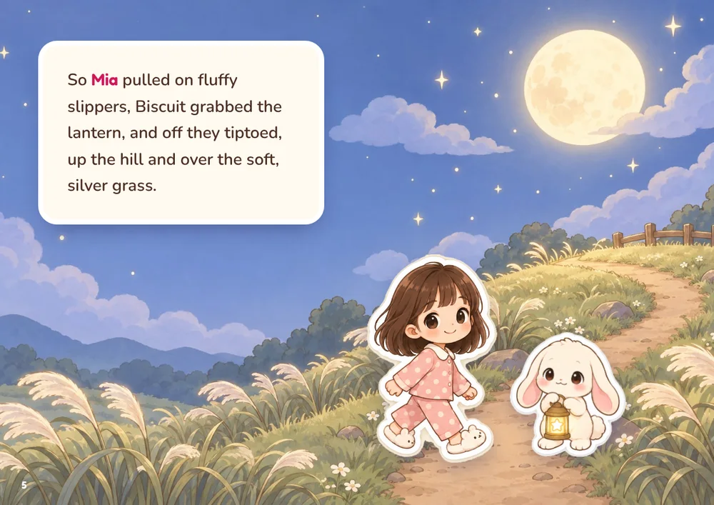 Page 5: Mia and Biscuit tiptoe up the hill